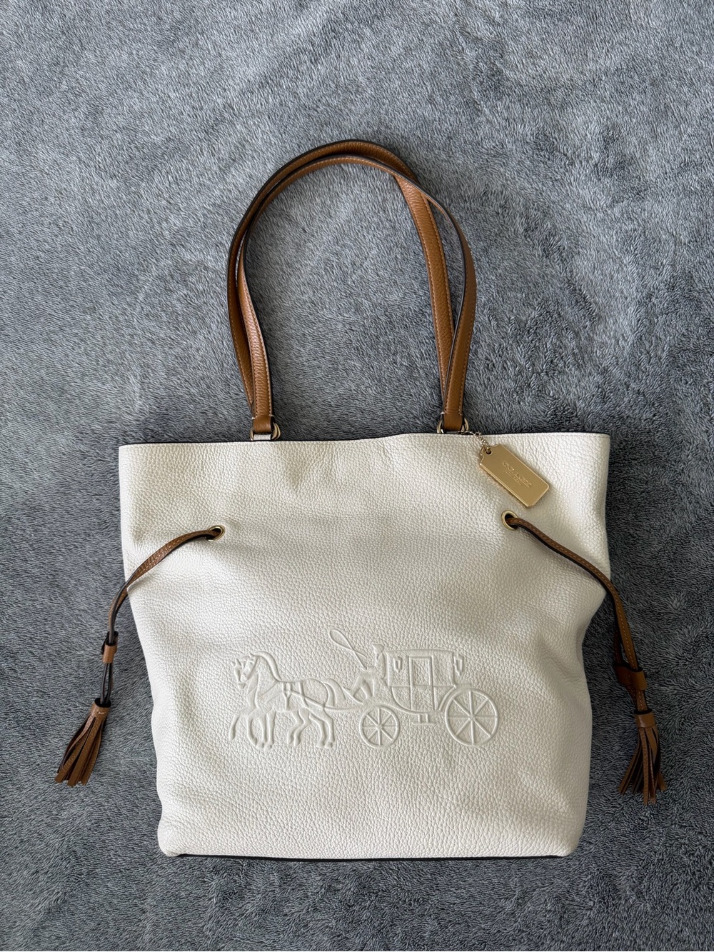 Coach Pebbled Leather Tote Bag in Chalk with Brown Handles